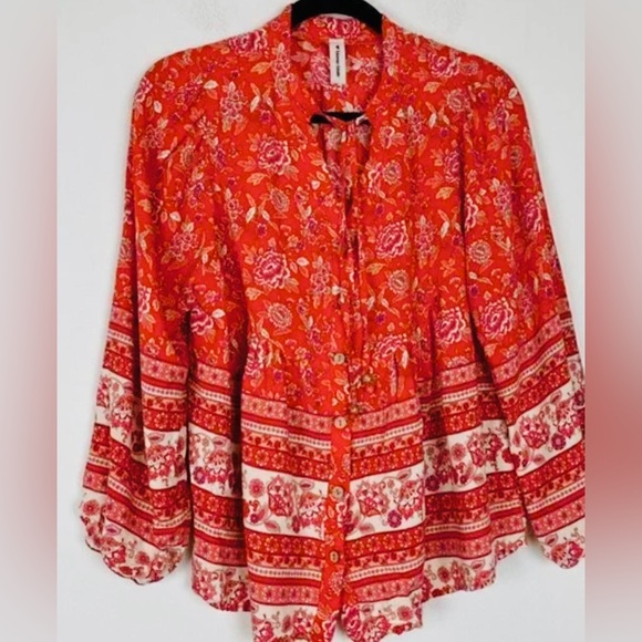 Bohemian Outsider Tops - Bohemian Outsider Coral Red Floral Border Print Blouse